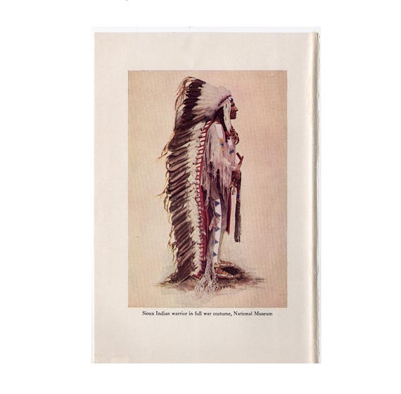 SIOUX INDIAN WARRIOR lithograph  c. 1934 - vintage Native American History print - Indigenous tribes of North America - War costume