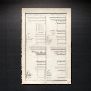 1757 ARCHITECTURE DETAILS entablements profiles original antique building engraving - classical orders - doric corinthian ionic composite