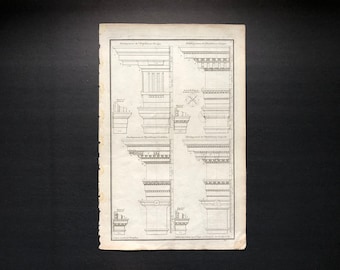 1757 SZCZEGÓŁY ARCHITEKTONICZNE elementy wyposażenia profile oryginalna budowla antyczna rycina - porządki klasyczne - dorycki koryncki joński kompozyt
