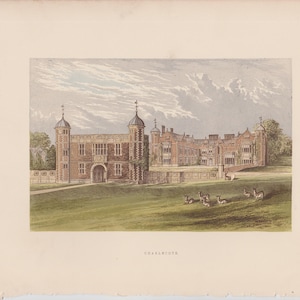 H. 1880 ENGLISH MANOR Druck • antiker Originaldruck • Architektur • Schlossherr • Charlecote Druck