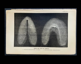 May include: A black and white illustration of two comets, showing their heads and tails. The image is labeled "Heads and Tails of Comets." The first comet is labeled "Donati's comet, September 20, 1858. G. P. Bond." The second comet is labeled "Comet of 1861, July 1st. (Warren De La Rue.)"