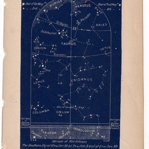 c. 1891 ESTRELLAS DE ENERO litografía celestial • impresión antigua original • litografía de carta celeste astronómica - Mapa del sur para enero