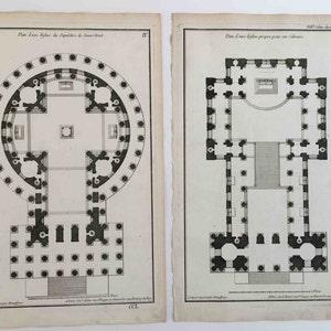 ARCHITECTURE PLANS ANTIQUE engravings c. 1757 original antique prints - french architecture building plan - set of two - sepulcher tomb