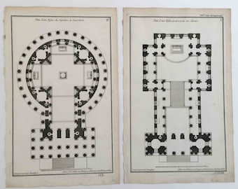 ARCHITECTUURPLANNEN ANTIEKE gravures c. 1757 originele antieke prenten - bouwplan Franse architectuur - set van twee - graftombe