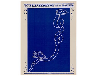 c. 1935 SEA SERPENT & RAVEN constellations lithograph • original vintage print • astronomy print - key stars of the sky - celestial print
