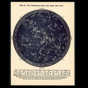 c. 1942 JUNIO JULIO Y AGOSTO litografía • impresión vintage original • impresión celeste • impresión astronómica • constelaciones del sur