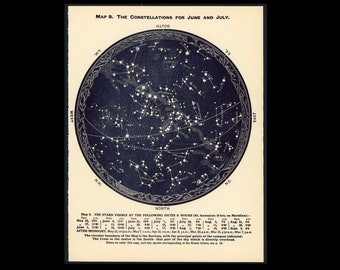 c. 1942 JUNE JULY & AUGUST lithograph • original vintage print • celestial print • astronomy print • Southern Constellations