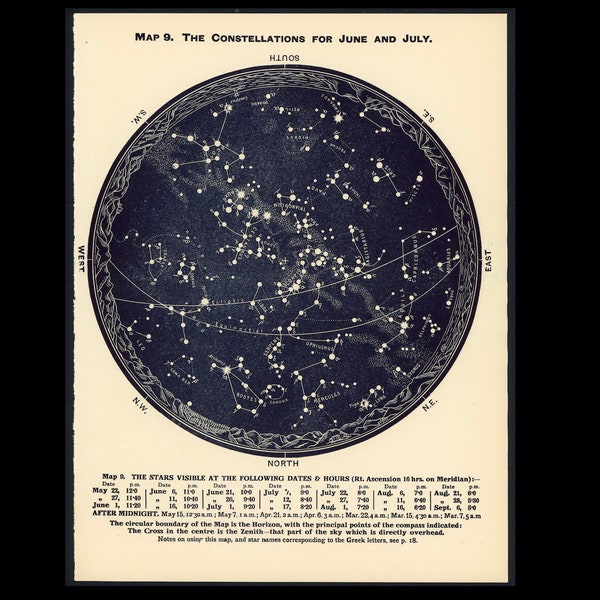 c. 1942 JUNE JULY & AUGUST lithograph • original vintage print • celestial print • astronomy print • Southern Constellations