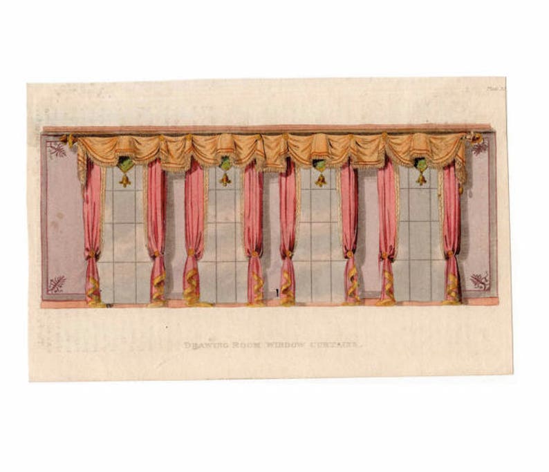drapery 1826 drawing room window curtains original antique furniture home decorative hand colored engraving