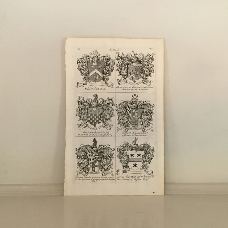 c 1679 DISPLAY OF HERALDRY \u2022 original antique print \u2022 Coat of Arms print \u2022 family crest print \u2022 Heraldic Achievements of Esquires \u2022