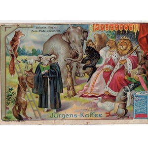 1960ER Jahre LION KING - hängen der Fuchs Lithographie - original Vintage Druck - Miniatur deutsche Werbekarte - Tier Metamorphosen