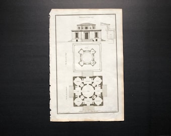 ca. 1757 ANTIEKE ARCHITECTUURGRAVURE - antieke architectuur print - Frans gebouw met plan view - zwart-wit gravure