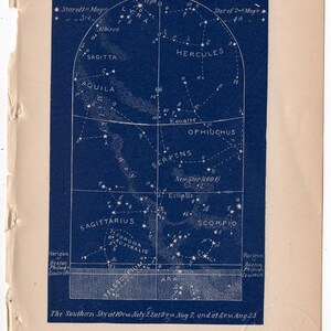 c. 1891 ESTRELLAS DE AGOSTO litografía celestial • impresión antigua original • litografía de carta celeste astronómica - Mapa del sur para agosto