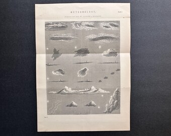 c.1880 NUBES litografía • impresión antigua original • meteorología • tiempo • formaciones de nubes • cirros, cúmulos, estratos y nimbos