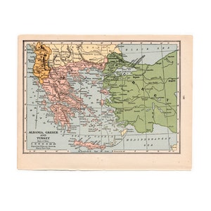 H. 1931 ALBANIEN GRIECHENLAND & TÜRKEI Lithographie • original Vintage-Karte • Vintage Druck • Europa • Weltkarte • Mittelmeer
