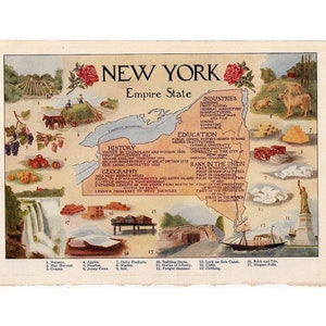 H. 1910 NEW YORK KARTE Lithographie • original, antiker Druck • Empire State • USA • Empire State