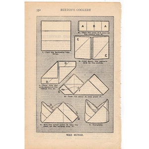 May include: A step-by-step guide on how to fold a napkin into a mitre shape. The instructions are illustrated with diagrams showing the different folds and creases.