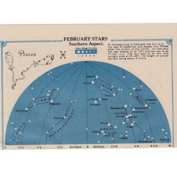 c. 1920 PISCES star chart lithograph • original vintage print • celestial astronomy -print • February stars South & March stars North