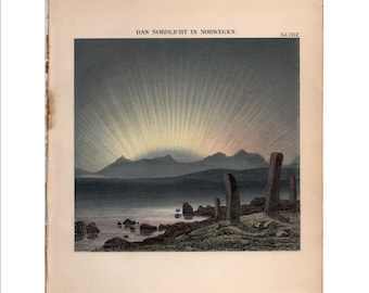 c. 1865 NORTHERN LIGHTS lithograph - antique astronomy print - Arctic Polar Lights print • Aurora Borealis print • view from Norway