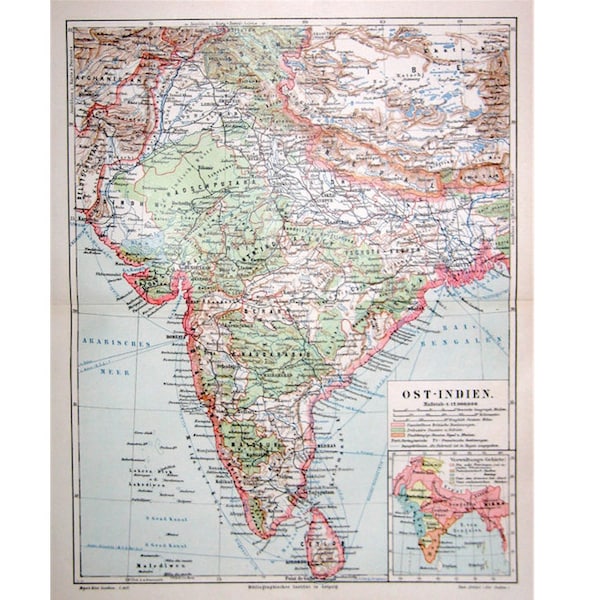 ca 1889 ANTIK KARTA ÖVER INDIEN - karta över Östindien - originalt antikt tryck