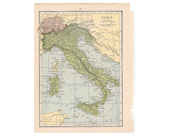 イタリアのアンティーク地図。1937年頃。89年前の歴史的版画、額装