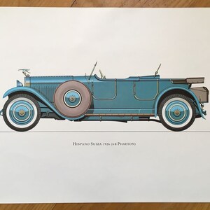 HISPANO SUIZA 1926 - classic car print - original vintage lithograph printed in the 1960’s - collectable automobile - antique restored autos
