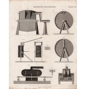 c. 1860 BLOWING MACHINES print • original antique print • science print • machine print • joists print