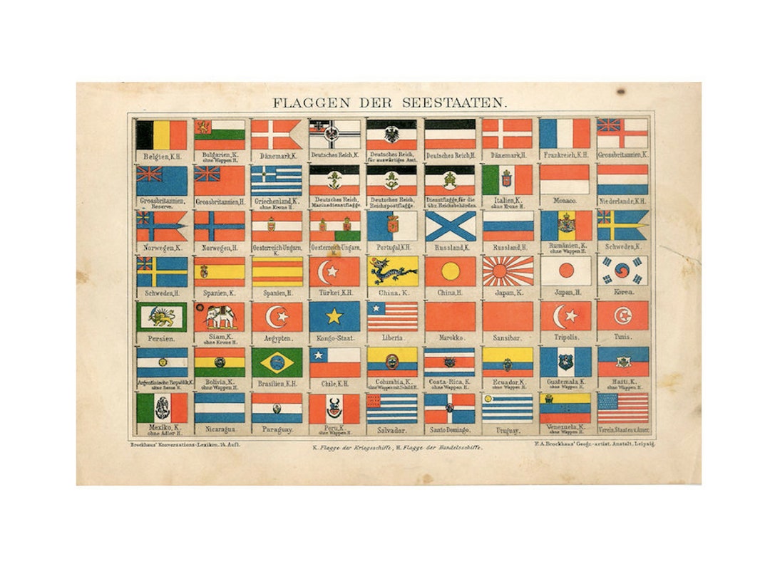 C. 1875 NATIONAL MARINE FLAGS Print Original Antique Print