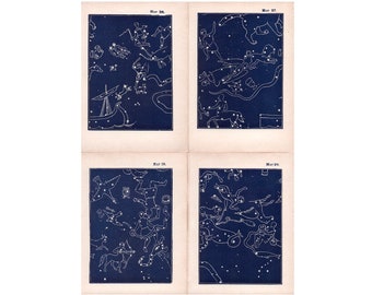 ヴィンテージ星座図リトグラフ 1944年頃 - オリジナルヴィンテージプリント4枚セット • 天文学プリント • 青色の星図