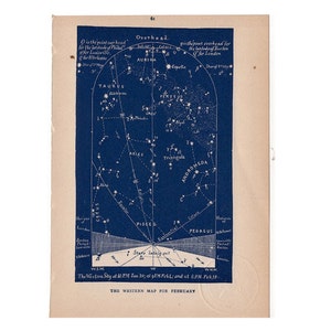 c. 1891 FEBRERO ESTRELLAS litografía celeste • grabado antiguo original • astronomía carta celeste litografía - Mapa occidental para Fevruary