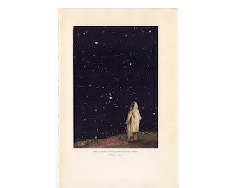 SKY WATCHER lithograph c. 1925 • original vintage print - astronomy print • celestial - lonely watcher of the skies • some paper wrinkling