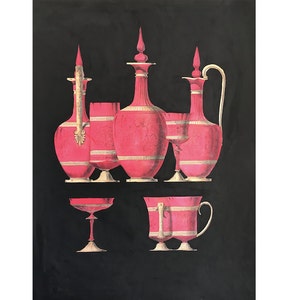 c. 1866 ANTIQUE RED VASES & bottles lithograph • rare unusual original antique hand colored print