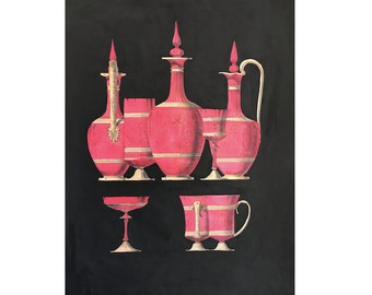 c. 1866 ANTIQUE RED VASES & bottles lithograph • rare unusual original antique hand colored print