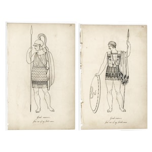 c. 1809 GREEK WARRIORS print • original antique print  • Greece print • Greek costume • soldier dress • historical fashion print • set of 2