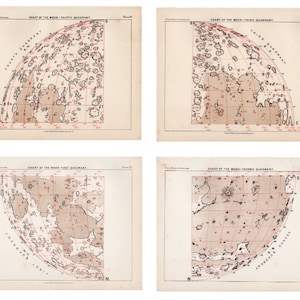 H. 1892 MOON CHART Lithographien • 4 Stück original antike Drucke • 4 Quadranten des Mondes • Astronomie Prints - Mondlandschaft - Karte