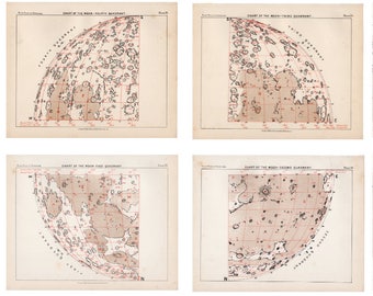 May include: A vintage illustration of a chart of the moon, divided into four quadrants. Each quadrant shows a detailed map of the moon's surface with craters and other features.