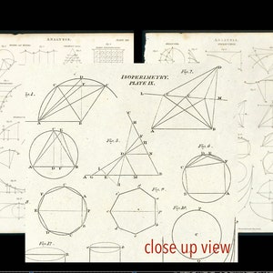 Może przedstawiać: Antyczny wydruk przedstawiający diagramy geometryczne i tytuł "ISOPERIMETRY. PLATE IX." Diagramy obejmują okręgi, trójkąty i inne kształty z przecinającymi się liniami. Tekst "close up view" jest widoczny na dole.
