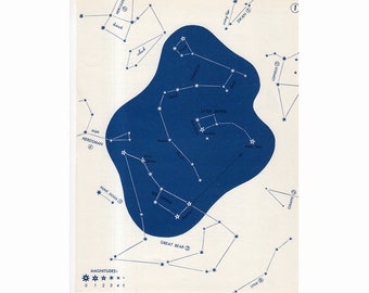 星座星図 1966 年頃 - ビンテージ天文学プリント - 青い天体プリント - No. 1 - 北の星座 - 北斗七星
