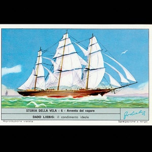 winzig! c. 1960er Jahre HISTORISCHE SEGELBOOTE Lithographie • Miniatur Vintage Werbekarte • Geschichte des Segelsports • Aufkommen des Dampfes