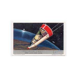H. 1960 & 1970 SATELLIT Lithographie - Mini Vintage Werbekarte - Raumschiff - Raumfahrzeug - Raketenschiff - Weltraum • Astronomie
