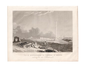Alexandria, Ägypten, antiker Druck, ca. 1824 – originaler antiker Kupferstich • Hauptstadt Ägyptens • Die Braut des Mittelmeers • Pompeius-Säule (Druck)