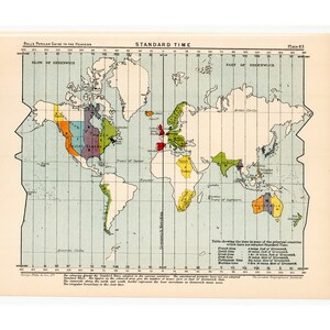 c. 1910 STANDARD TIME MAP • original antique print • world map lithograph - map of the world print - map print - time print