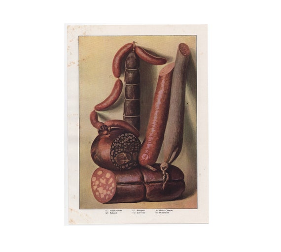 c. 1911 MEATS lithograph • original antique print • food print • smoked meats • cold cuts • frankfurter salami bologna mortadella