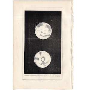 c. 1851 PLANET MARS Lithographie - Original Antiker Druck - schwarz & weiß Astronomie Gravur - nördliche + südliche Hemisphären des Mars