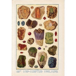 c. 1946 GEMS & MINERALS SPECIMENS lithograph • vintage geology print • precious stones print • diamond ruby emerald sapphire amethyst garnet