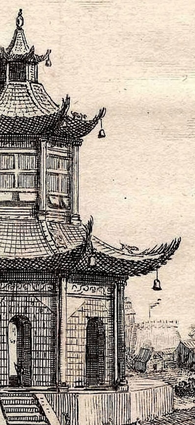 May include: A black and white line drawing of a traditional Chinese pagoda with a tiled roof and multiple tiers. The pagoda has a series of windows and a decorative bell hanging from the eaves.