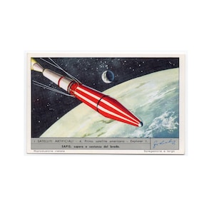 c. 1960er und 1970er Jahre SATELLITEN-Lithographie – Mini-Vintage-Werbekarte – Raumschiff – Raumschiff – Raketenschiff – Weltraum • Astronomie