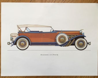 DUSENBERG 1929 -classic car print - original vintage lithograph printed in the 1960’s - collectable automobile - antique restored autos