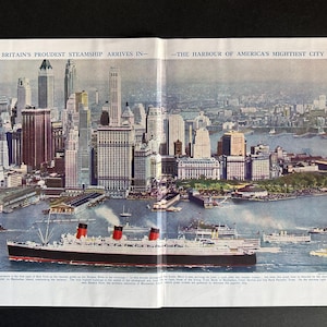 C. Litografía QUEEN MARY en Nueva York de los años 50 • impresión vintage original • impresión de vista de Manhattan • impresión de la llegada del barco de vapor a la ciudad de Nueva York •
