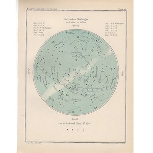 C. Litografía de 1910 NOVIEMBRE STAR CHART - impresión antigua original - calendario celestial mes constelación astronomía mapa sagitario escorpio